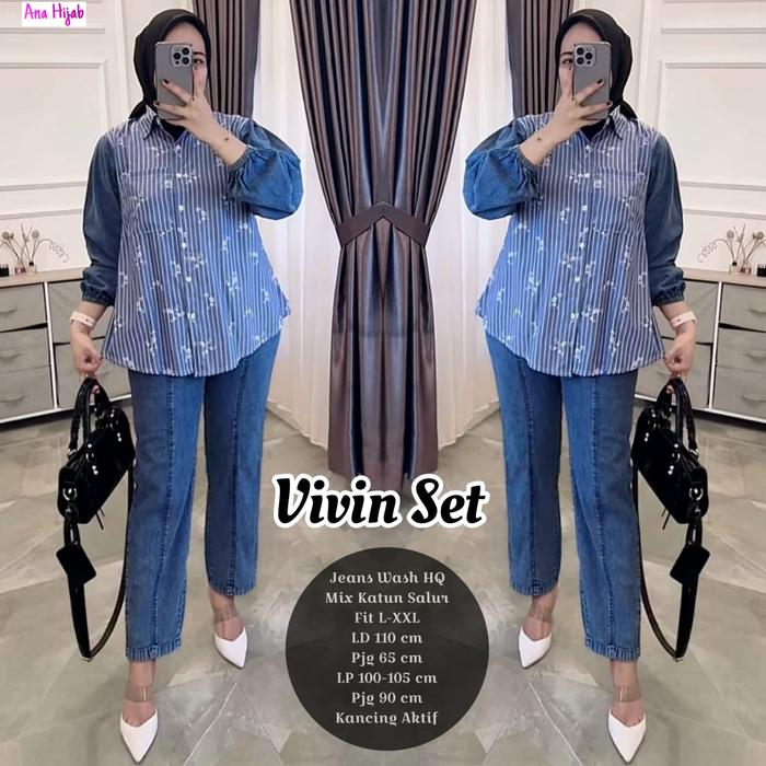 Vivin set setelan tunik dan celana panjang wanita dewasa denim 9/1/25