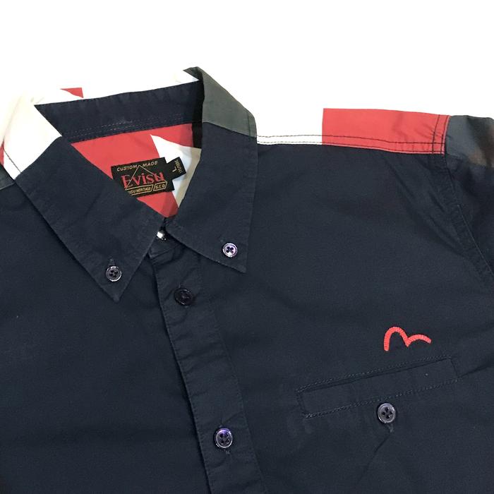 Evisu Kemeja Lengan Pendek | Short Sleeve Shirt – Black × Red Abstract Pattern (Original)