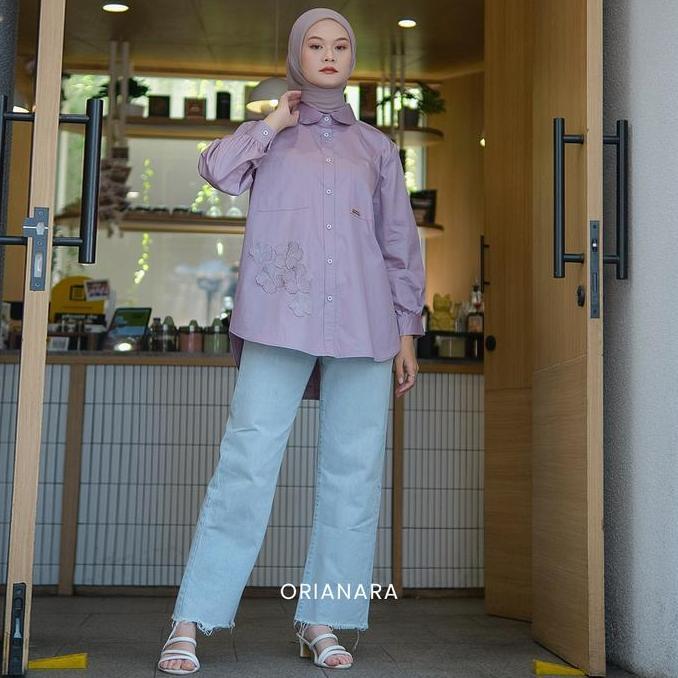 Orianara Janan Shirt Kemeja Kasual Oversized Wanita Atasan Tunik Wanita Salur Panjang Bordir Stripe
