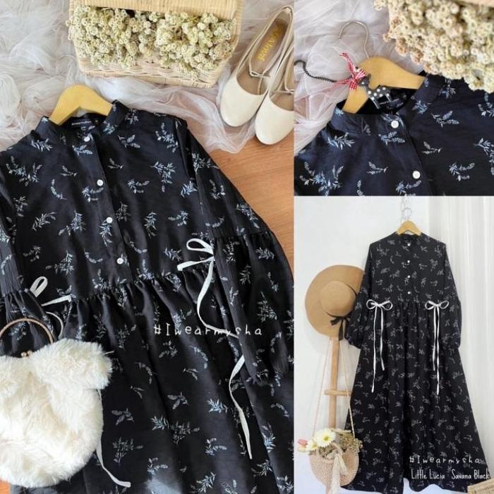 Mysha Iwearmysha Gamis Lebaran Hitam Motif Bunga Size S M L XL LITTLE LUCIA : SAVANA BLACK