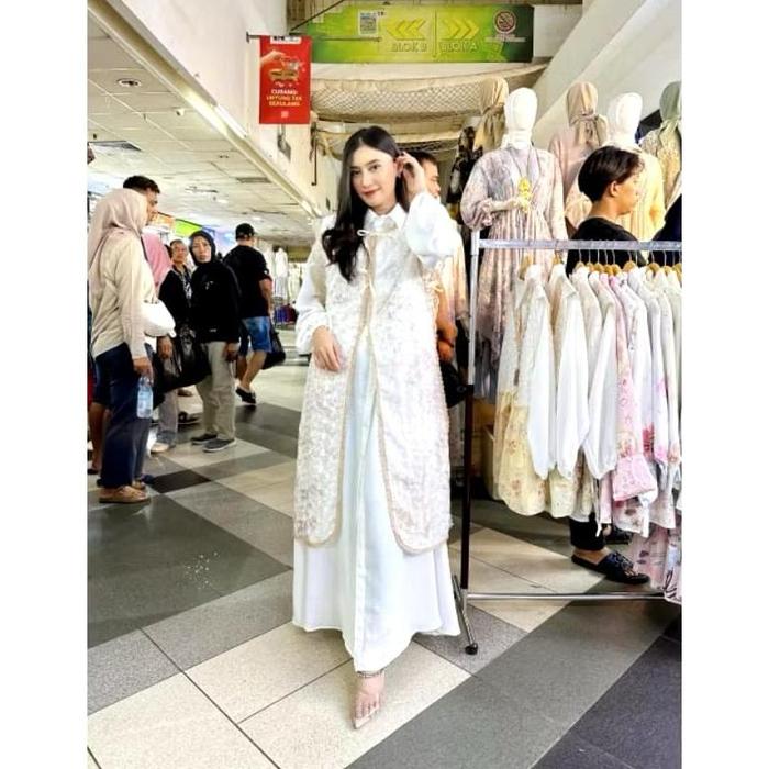 Gamis Outer Putih Ratu Aisyah Original Brand - Gamis Lebaran Kekinian - Gamis Pesta Elegan
