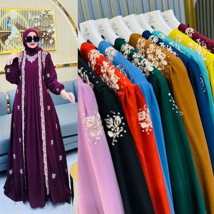 Zifa Fashion || Cod || Melati Dress+Hijab Segi4 || Gamis Set Cruty Aksen Bordir Payet Tabur Cantik |