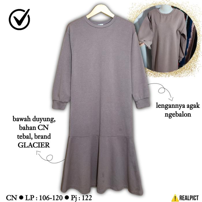 GLACIER Gamis Dress Duyung Size M L Lengan Balon Premium Import CN Crewneck Long Dress Tebal Polos M