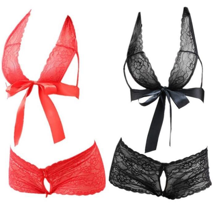 B285 BIKINI BRA SET BRALETTE HALTER LACE TRANSPARAN BH IKAT DEPAN