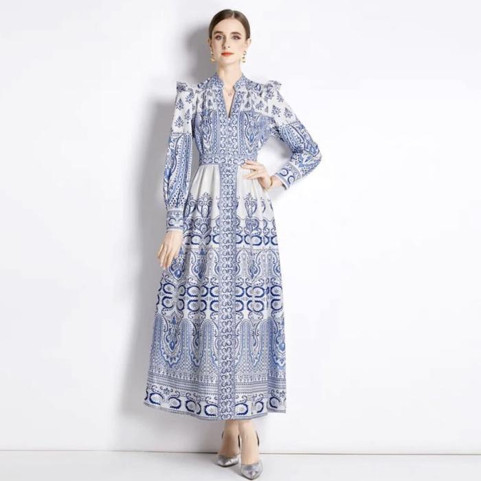 Gaun Panjang Lengan Panjang | V neck | Dress Bunga Biru | Maxi Dress | Dress vintage belanda| Fairy 