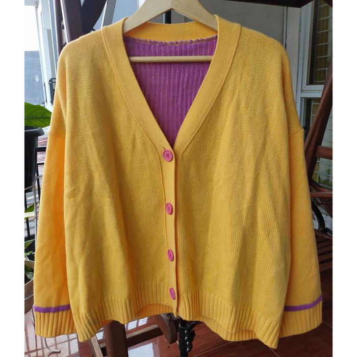 Sweater Wanita Ukuran 4XL Model Cardigan Rajut Jumbo XXXXL Warna Kuning Ungu Atasan Outer Oversize M