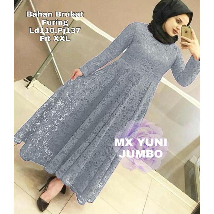 Geulis Maxi Gamis YUNI Brukat + Furing M, L, XL, XXL JUMBO REAL PIC terbaru Fit Muslim Pesta Lebaran
