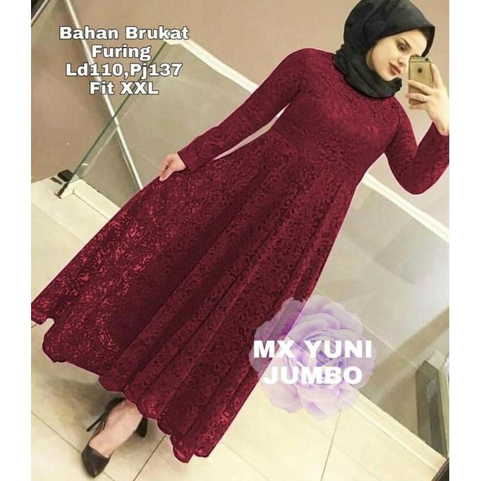 Geulis Maxi Gamis YUNI Brukat + Furing M, L, XL, XXL JUMBO REAL PIC Fit Muslim Pesta Lebaran Wanita 
