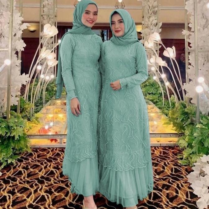 gamis genta mint l dress pesta brukat tile cantik murah gera at