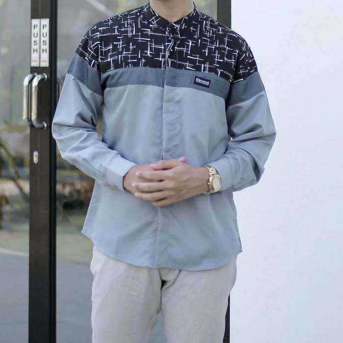 Diskon Baju Koko Pria Lengan Panjang El Rumi Motif Senopati Kombinasi Batik Warna Abu-Abu Prermium