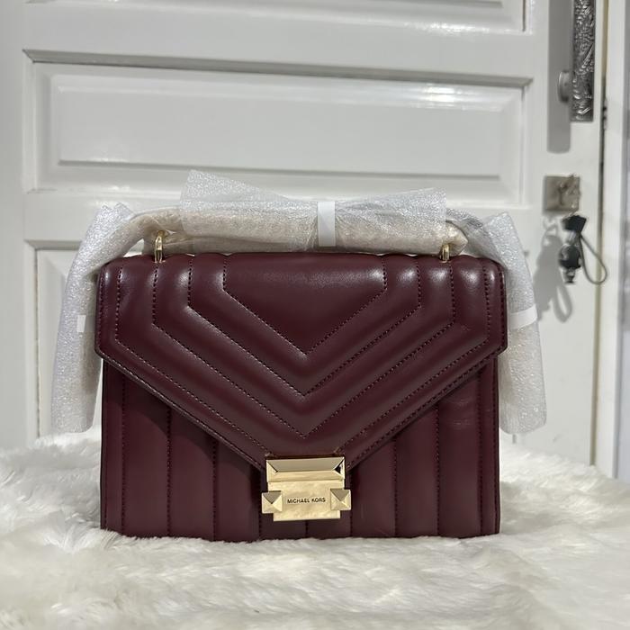 tas wanita mk whitney medium flap chain shoulder oxblood in