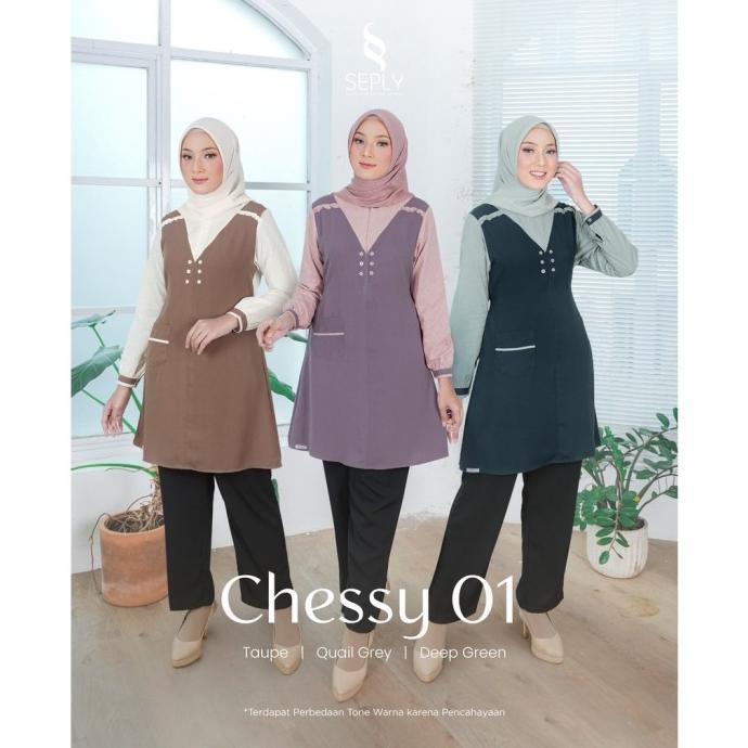 Seply-Chessy 01 Taupe-Quail Grey-Deep Green Blouse Crepe Premium Tunik SALE!!!