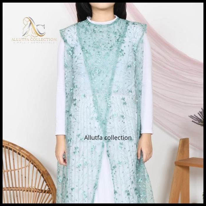 Terbaru Outer Cardigan Gamis Silang Brokat Tile Mewah Baju Kondangan Wanita Tanpa Lengan Motip Rando