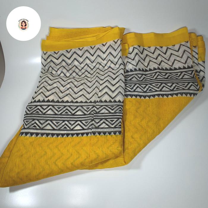 Kain Saree Asli India - Kuning hitam putih