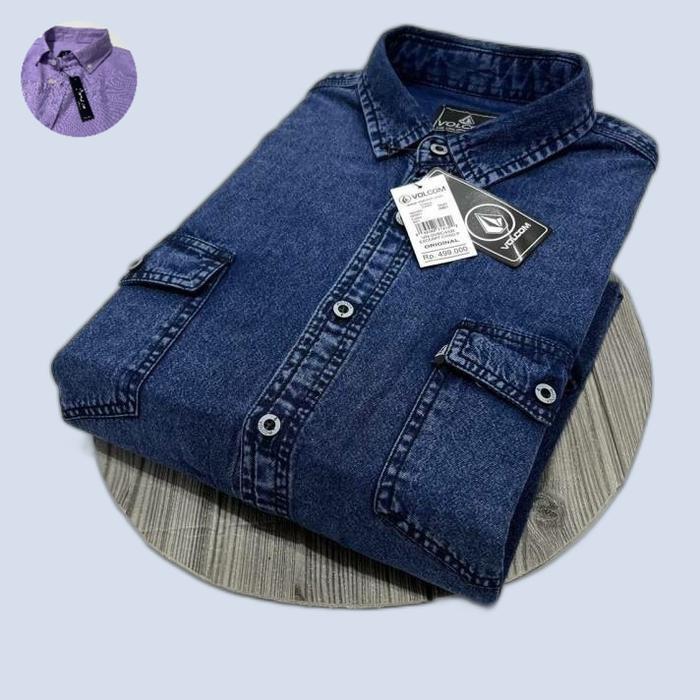Kemeja Jeans Pria Pendek Ukuran Big Size Original Volcom Warna Snow Blue