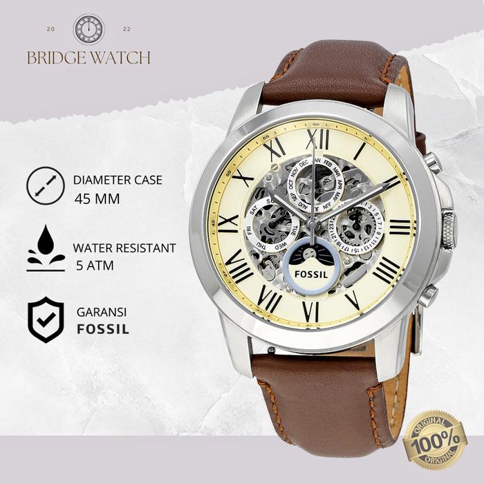 Jam Tangan Fossil Pria Grant ME3027 Automatic Chronograph White Skeleton Dial Brown Leather Strap Ku
