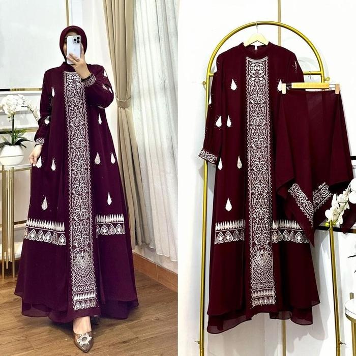 gamis bordir set jilbab segi empat mewah terbaru/gamis ceruty babydoll trendy/dress wanita