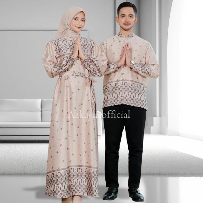 Azkayla - Baju Couple Pasangan Muslim Gamis Kemeja Koko Motif Lebaran Terbaru 2025 Silk Premium