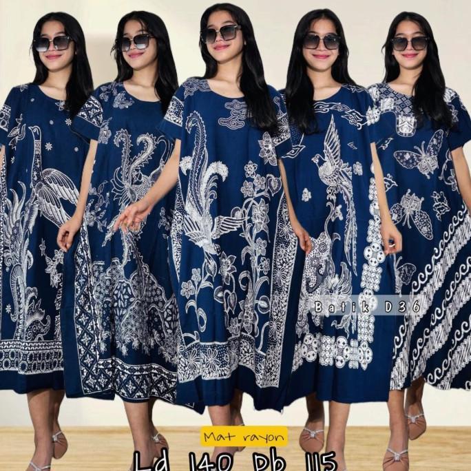Daster Batik Kelelawar Jumbo "CEMPAKA NAVY" Bahan Rayon Super Premium