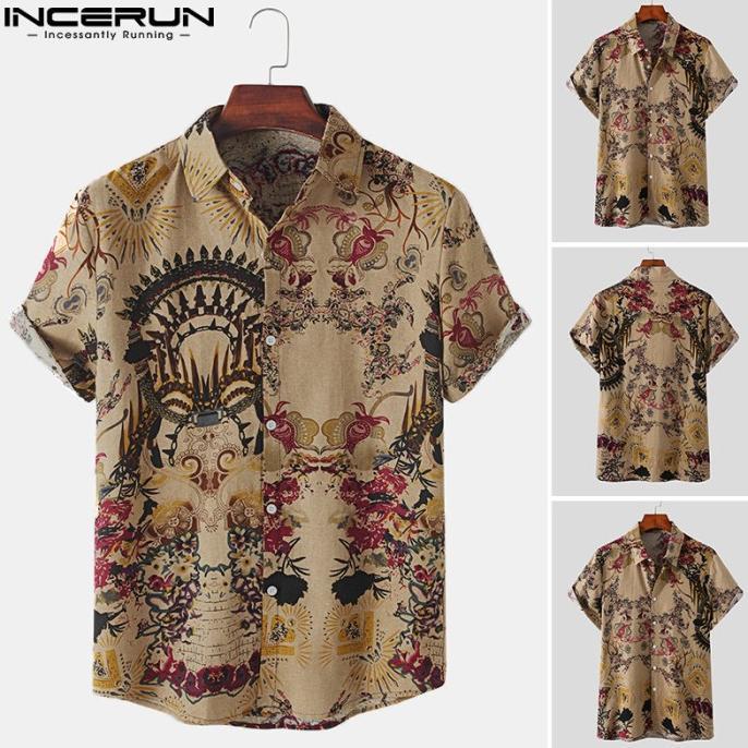 Bestseller 2025 Incerun Muslim Katun Lengan Shirt Kaos Polo Pria Batik Top Blus Tee