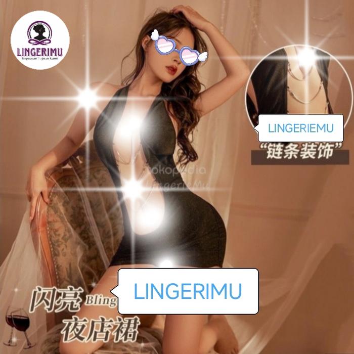 Lingerie sexy semi dada terbuka tali ikat leher-dress bling gliter