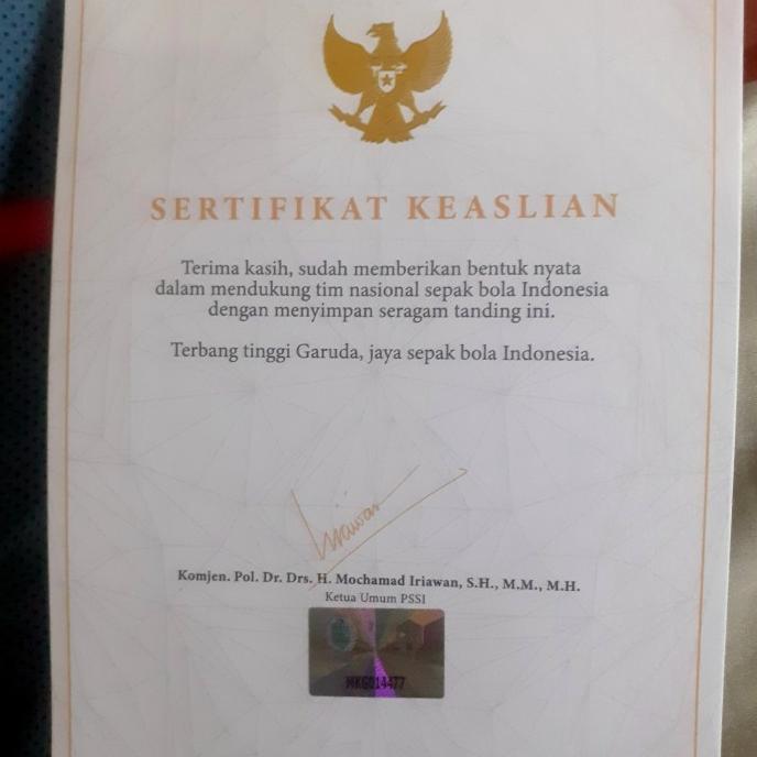 Sertifikat Keaslian Jersey Timnas + Tanda Tangan Komjen Pol Iriawan