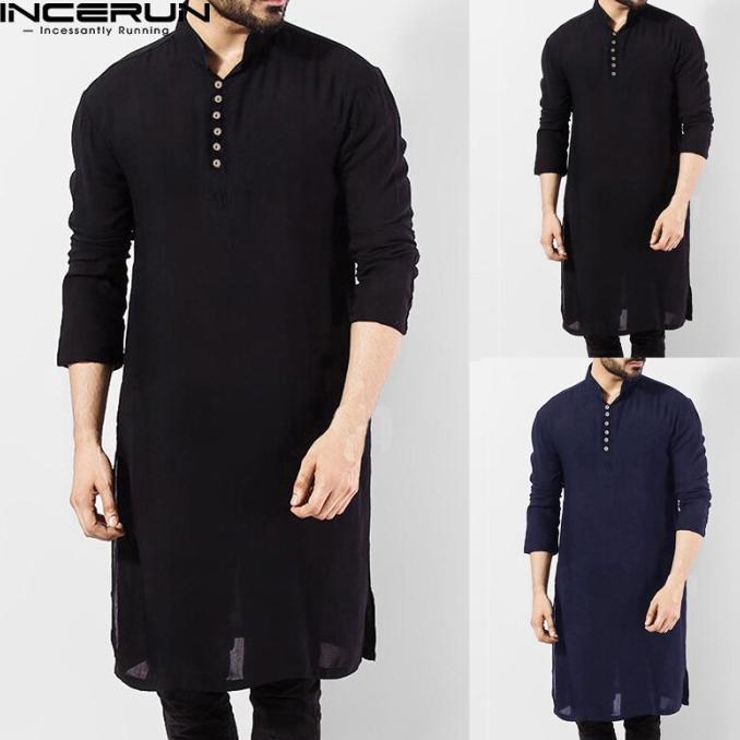 Bestseller 2025 Incerun Pria Lengan Panjang Tunik Blus Kurta T Shirt Top Muslim