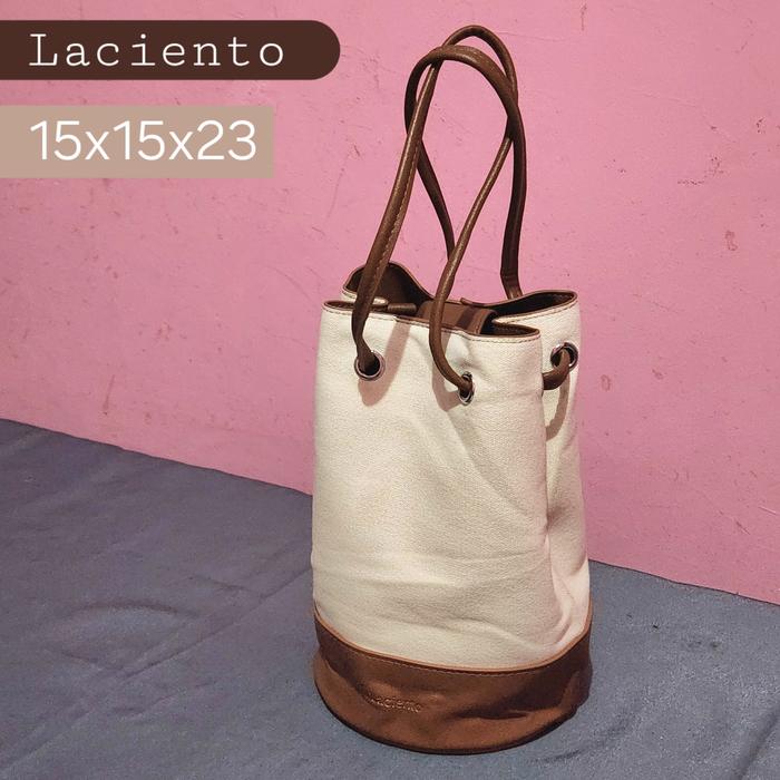 Preloved LACIENTO Tas Wanita Bucket Handbag Shoulder Mini Serut Kanvas Putih BW Ivory +Kulit Cokelat