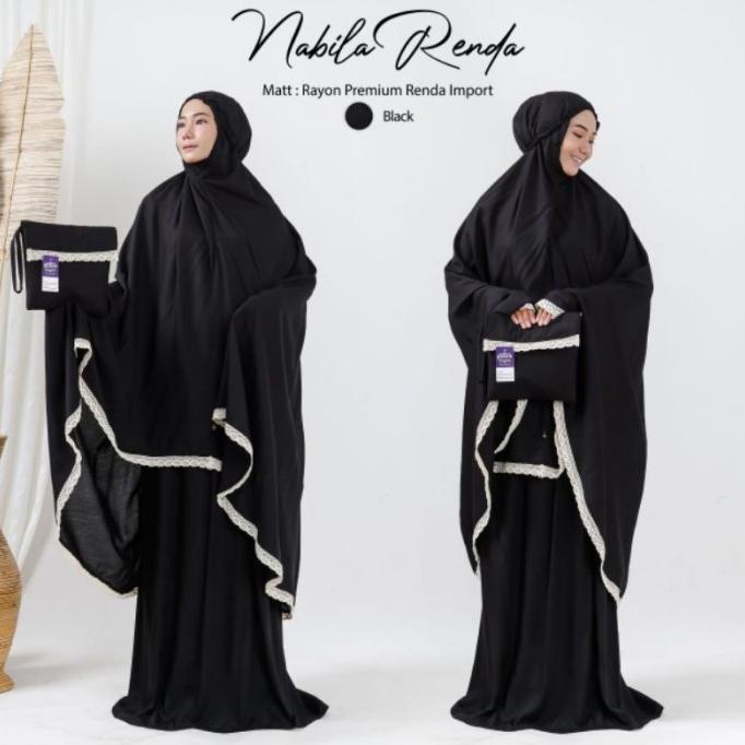Mukena Dewasa Nabila Renda Rajut Polos - Hitam Black