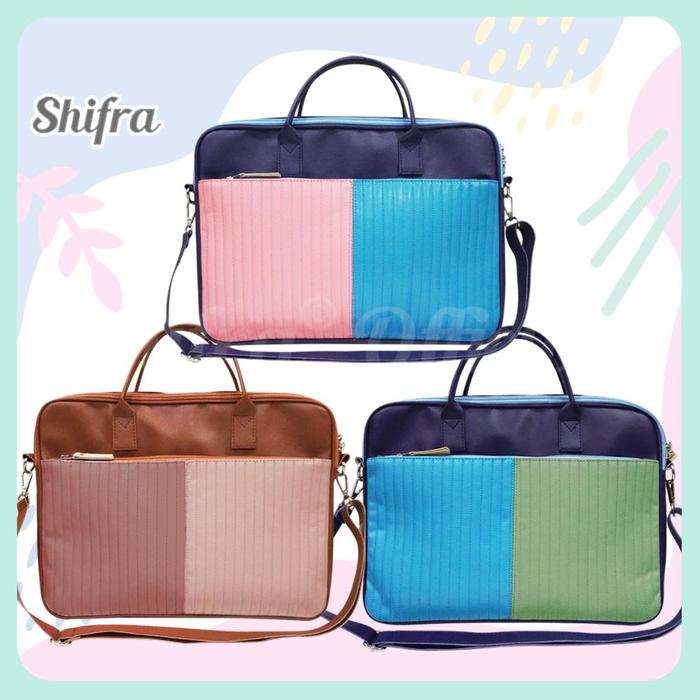 Shifra Tas Laptop Selempang Tali Panjang Kantong Embossed Kombinasi Dua Warna Blue Mint Cream Red