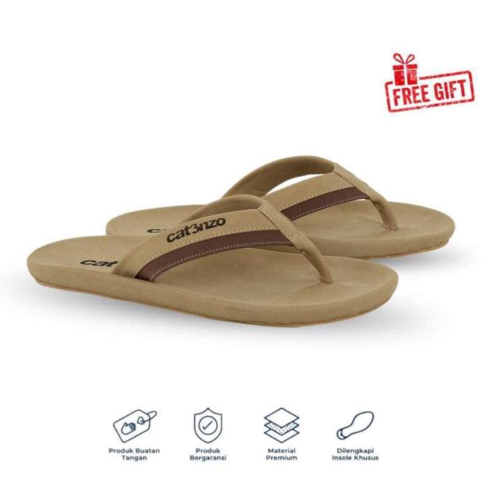 [Free Gift] Catenzo - No 091 Sandal Jepit Pria Original Kulit Sintetis Warna Cream Krem Sendal Capit