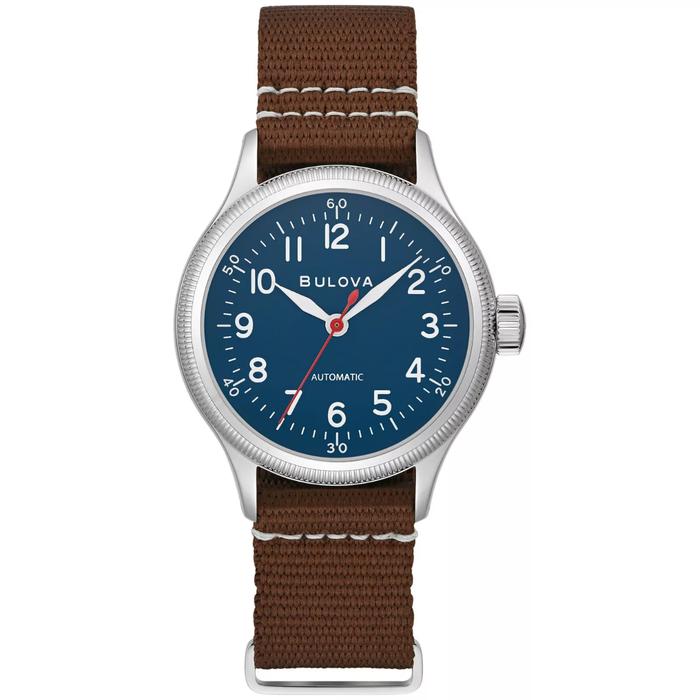 Jam Tangan Bulova Military Hack Feature Automatic Brown Nylon Watch 37 MM 96A282