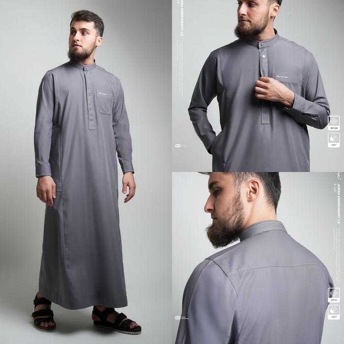 SAMASE JUBBA EMBROIDERY GREY S047 BAHAN SPUN GAMIS PRIA MUSLIM PREMIUM