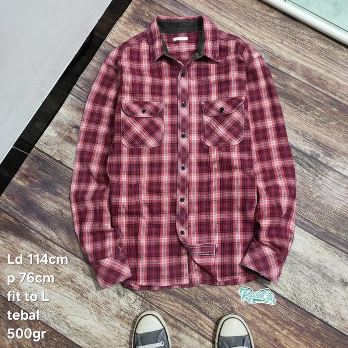 FL12 kemeja lengan panjang flanel veterano G U by Uniqlo size L double pocket cowok pria flannel kot
