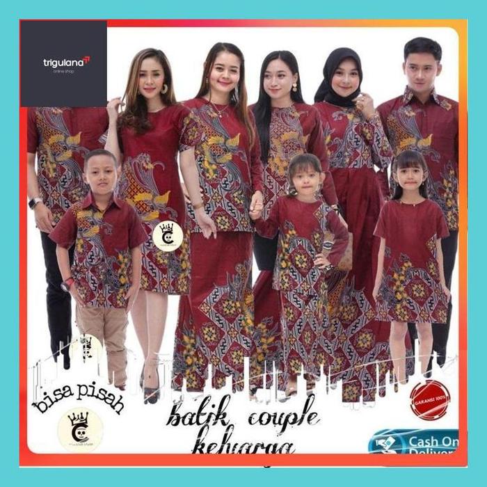TRG_ BAJU BATIK COUPLE BATIK KELUARGA MODERN SANIA RUFFLE ORI NDORO JOWI KENARI MERAH MAROON SET SER