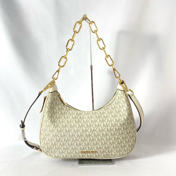 tas wanita mk cora large zip pouchette lt cream multi vj