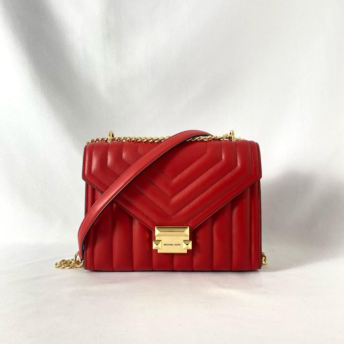 tas wanita mk whitney medium flap chain shoulder bright red vj