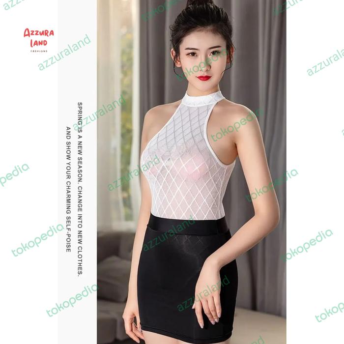 Lingerie sexy cosplay costume bikini open crotch+ rok mini transparan