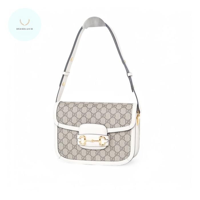 Brandluxid GG Small Horsebit 1955 Shoulder Bag Canvas in Beige/ White Dark Blue