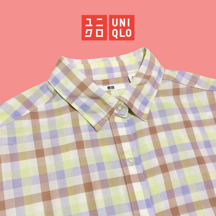 Uniqlo. Blouse Katun Sheer Lengan Panjang Motif Kotak, Thrift & Preloved