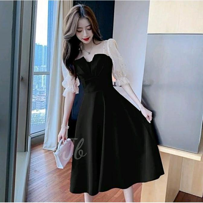 UNTUK ANDA DRESS KOREAN STYLE WANITA LENGAN 3/4 MODEL BALON GELEMBUNG GLITER BAJU PESTA CEWEK KOREA 