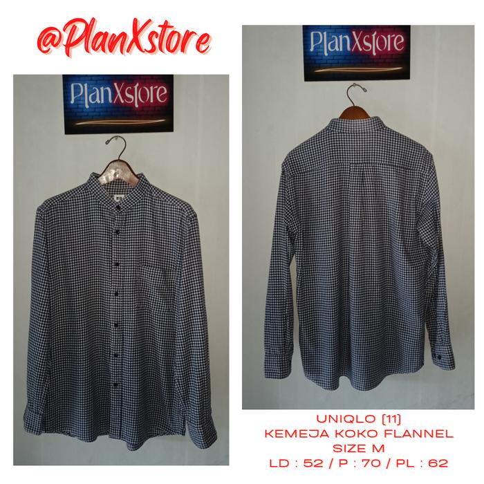 UNIQLO (11) KEMEJA KOKO FLANNEL WARNA KOTAK KECIL NAVY PUTIH SIZE M PRELOVED TERJANGKAU