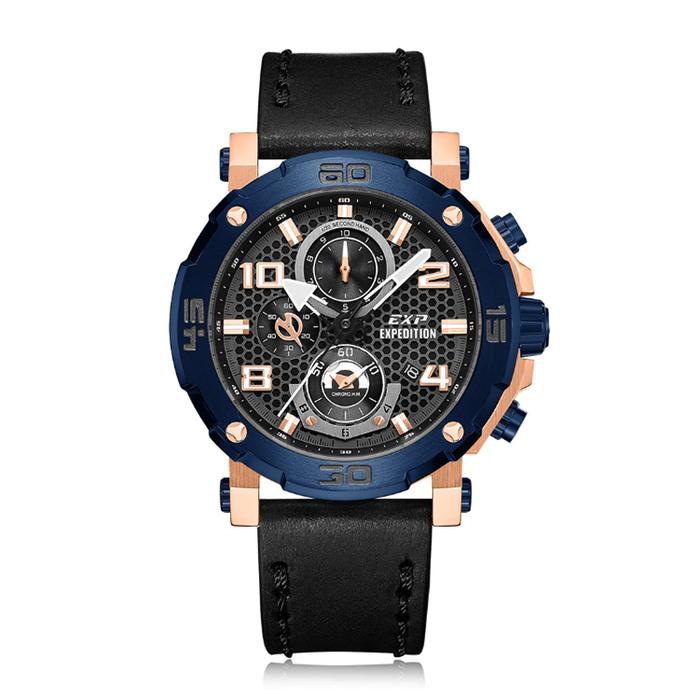 Expedition 6769 Rosegold Blue Black Leather New Size GCLURBA Jam Tangan