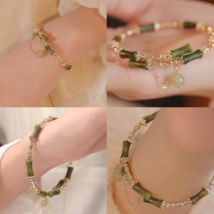 Gelang Giok Wanita Cina Gelang Giok Bambu Berlapis Emas 18K Gelang Giok Bambu Kualitas Giok Membawa 