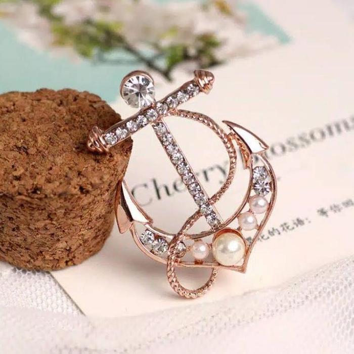 Bros Jangkar Kapal Hias Kristal Mutiara - Brooch Anchor - Pin Simple