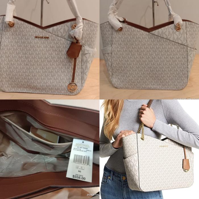 NWT Tas Branded MK Jet Set Travel Large Chain Tote Vanilla Logo Authentic