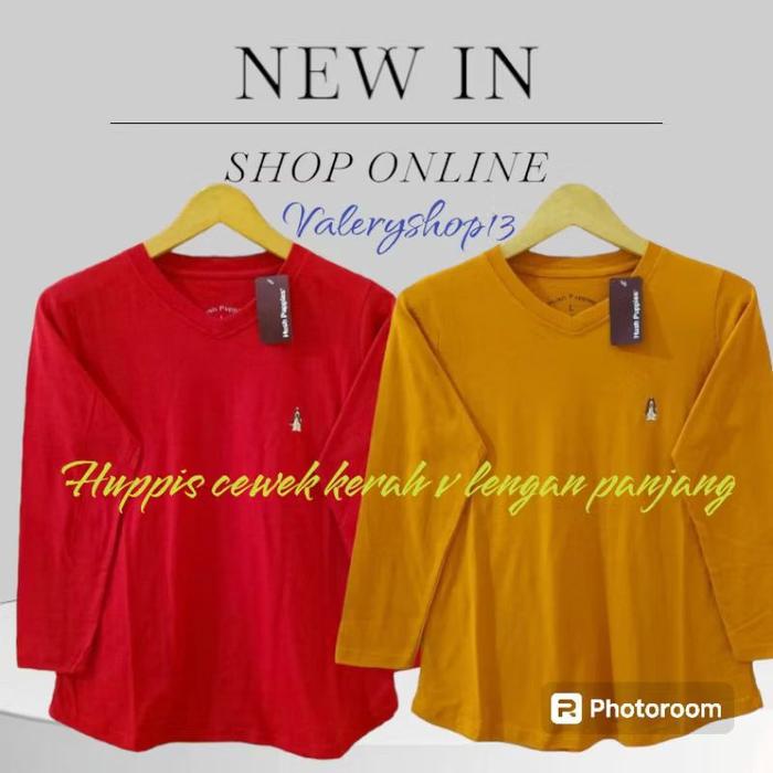 Kaos Hush Puppies Cewek Kerah V lengan Panjang logo Bordir