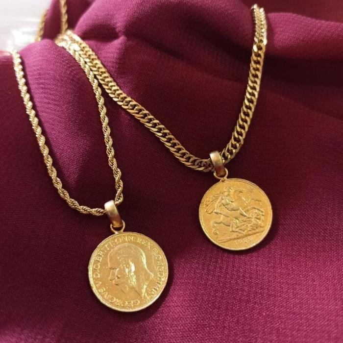 kalung titanium mainan koin jinar alpaka lapis emas
