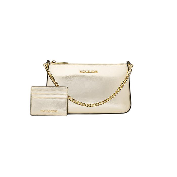 Tas Wanita Branded MK Jet Set Medium Metallic Shoulder Bag and Card Case Gift Set - Pale Gold