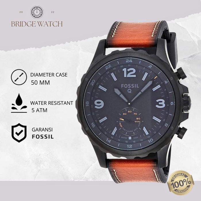 Jam Tangan Pria Fossil Hybrid FTW1114 Smartwatch Analog Nate Dark Brown Leather Strap Kulit Original